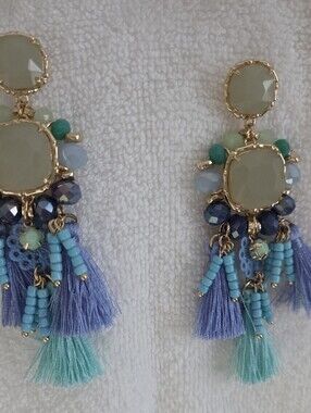Lilly Pulitzer Blue, Teal & Lavender Tassel Statement Earrings